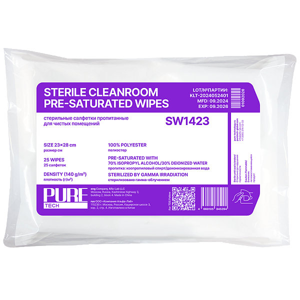 Стерильные влажные салфетки IPA 70% Puretech® SW1423 для чистых помещений из 100% полиэстера